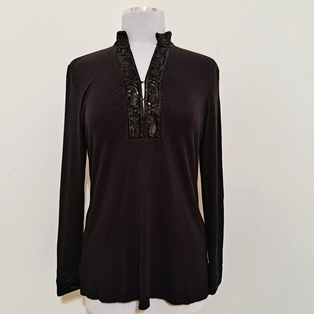 Talbots Petites Sequins Top Long Sleeve Black Color Size S